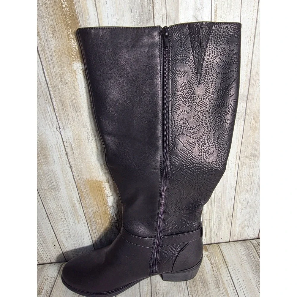 Easy Street Plus Wide Calf Black Knee High Boots Paisley Embossed Side Zip NWT